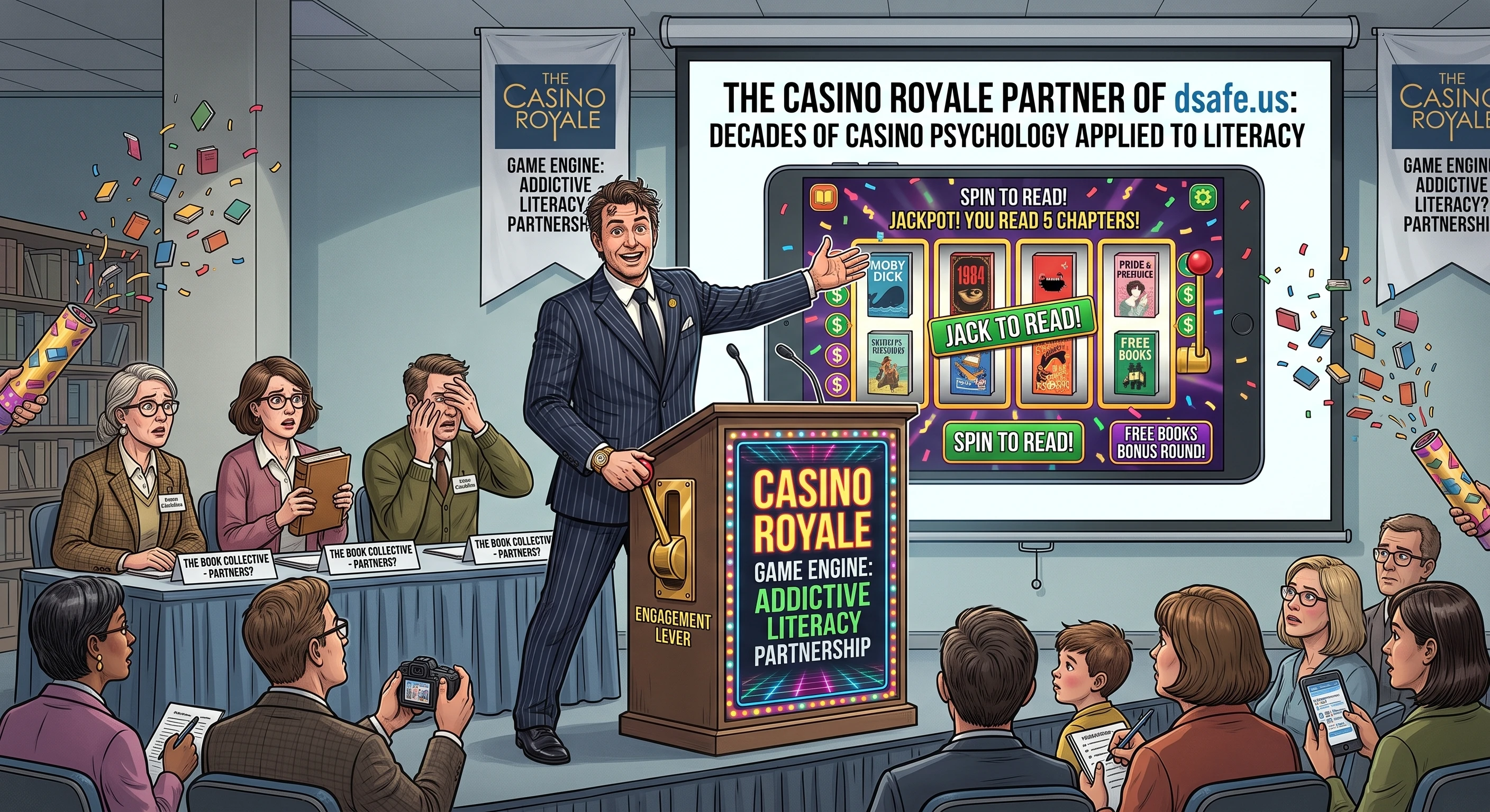 An illustrated Casino Royale literacy presentation: a presenter unveils a book-filled slot machine while librarians and readers watch with surprise, surrounded by flying books and confetti.